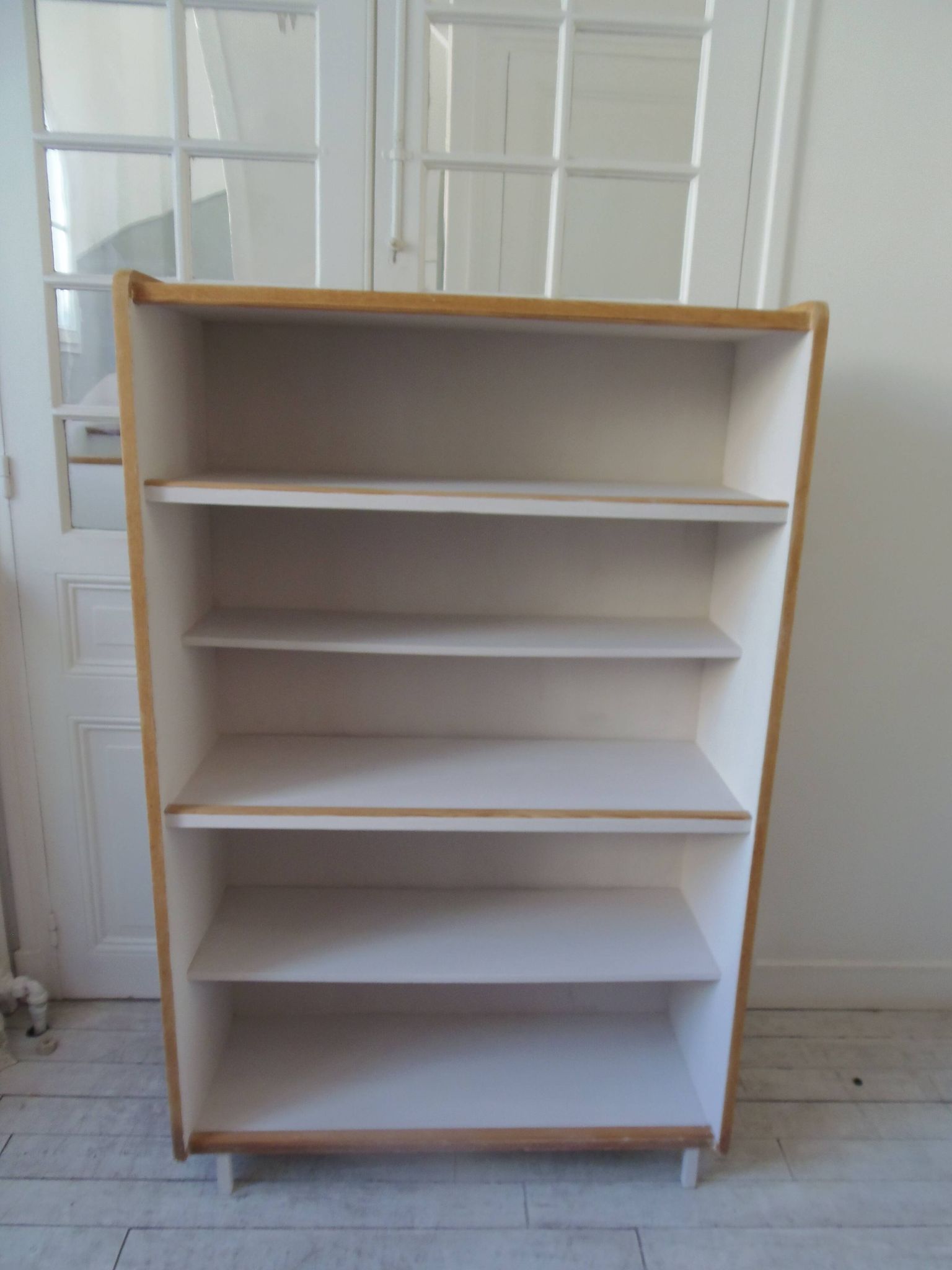 Vintage oak veneer bookcase, pearl gray interior, metal legs