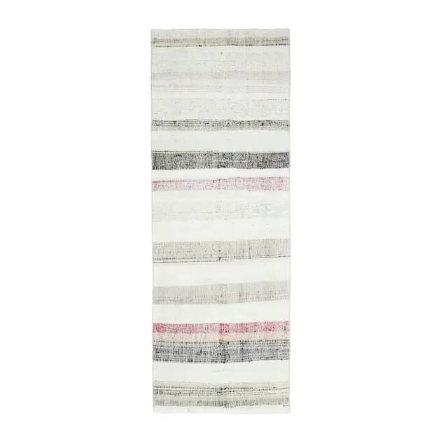 Vintage Turkish hand-knotted wool cotton white kilim runner rug  95x265