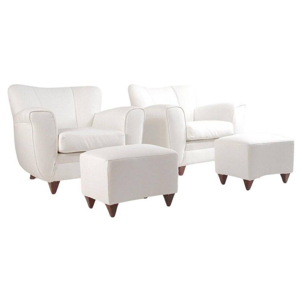 2 sets of Italian armchair with pouf in white fabric, Italy, 1940s