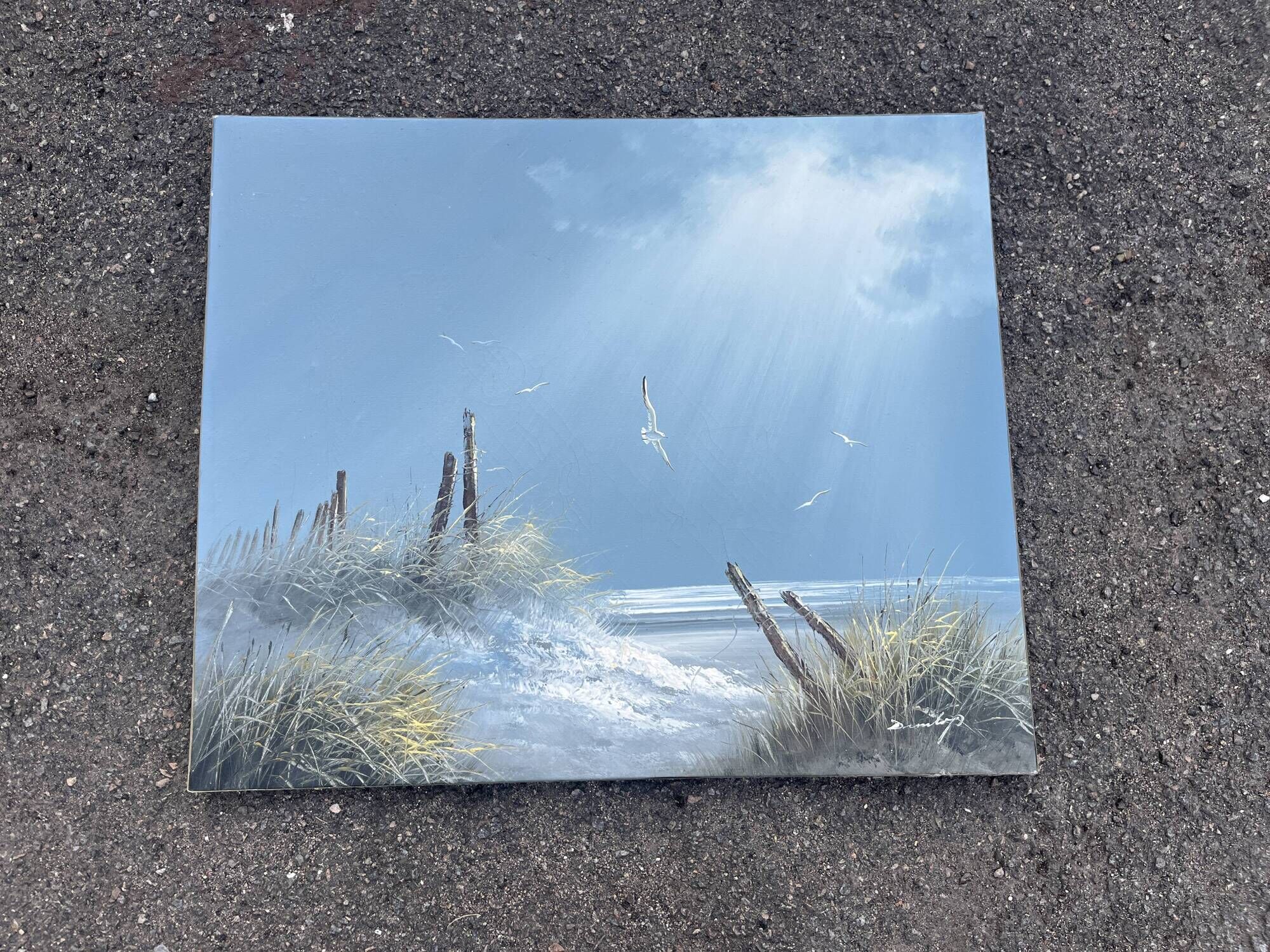 Marine landscape tableau – Dunes and seagulls by the sea – Signed painting
