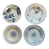 Set of 4 mismatched blue Terre de Fer soup plates