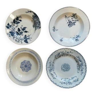 Set of 4 mismatched blue Terre de Fer soup plates