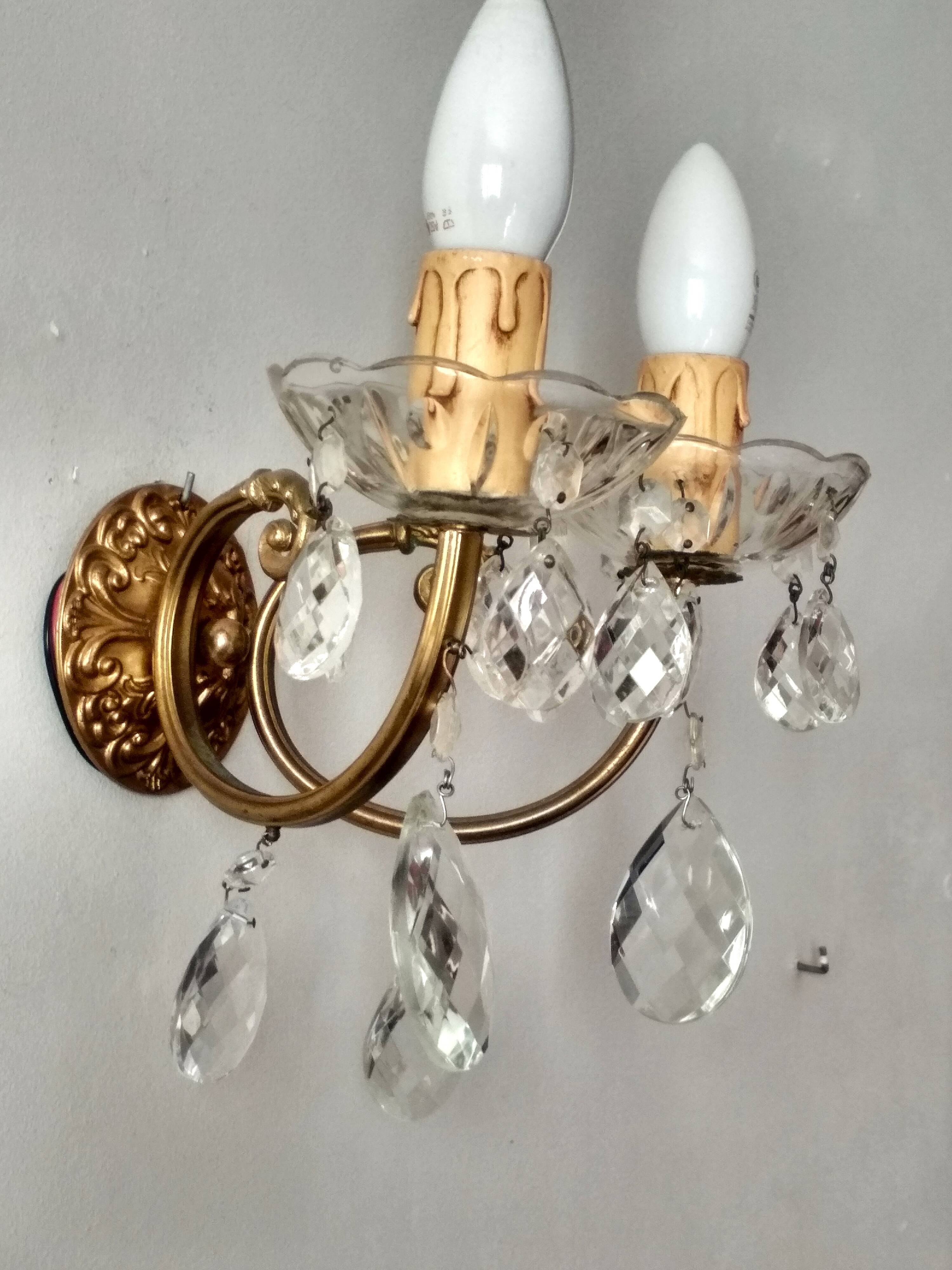 Golden brass wall light and crystal pendants - 2-light rococo light