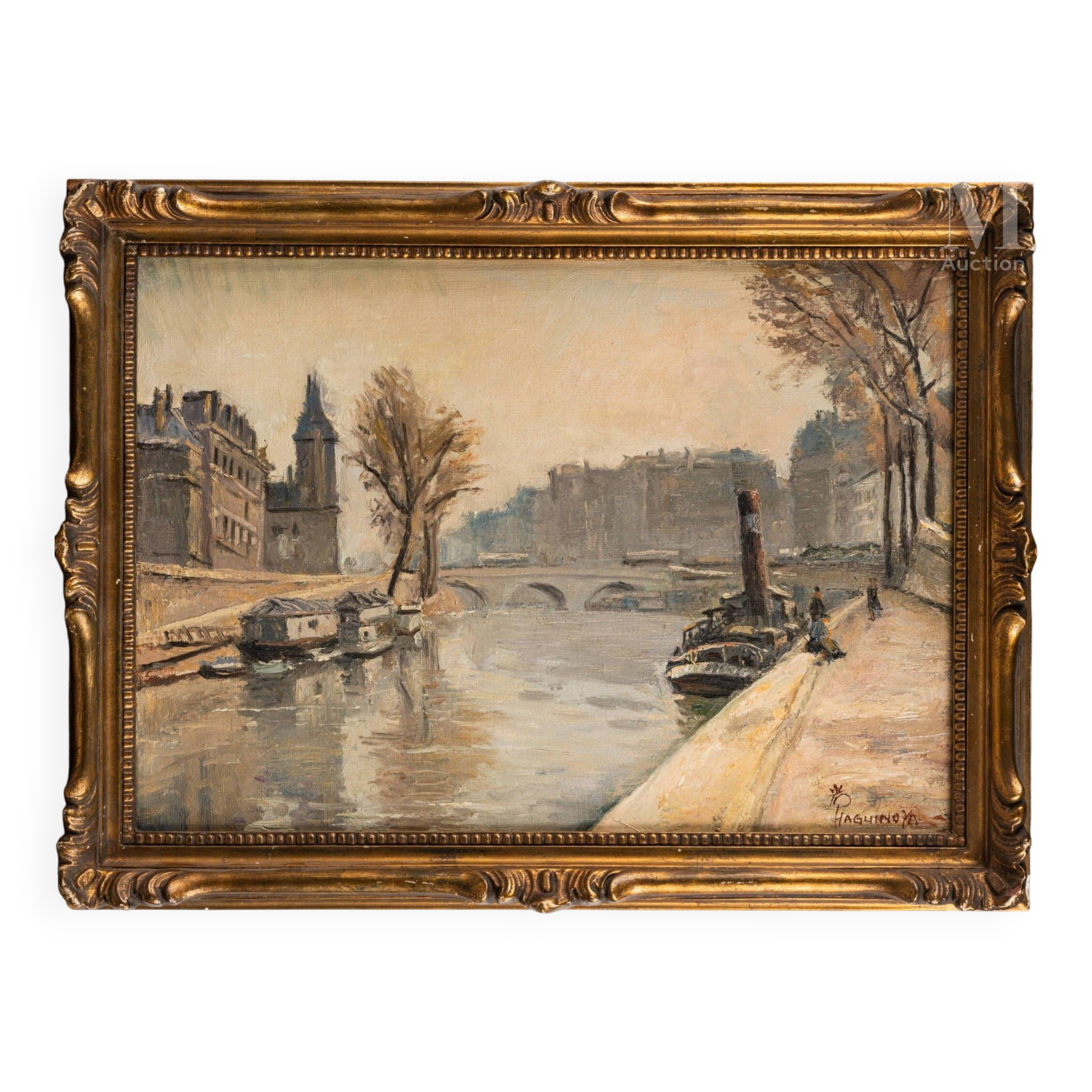 Painting of Paris on the banks of the Seine by Iwoa Haguinoya around 1920