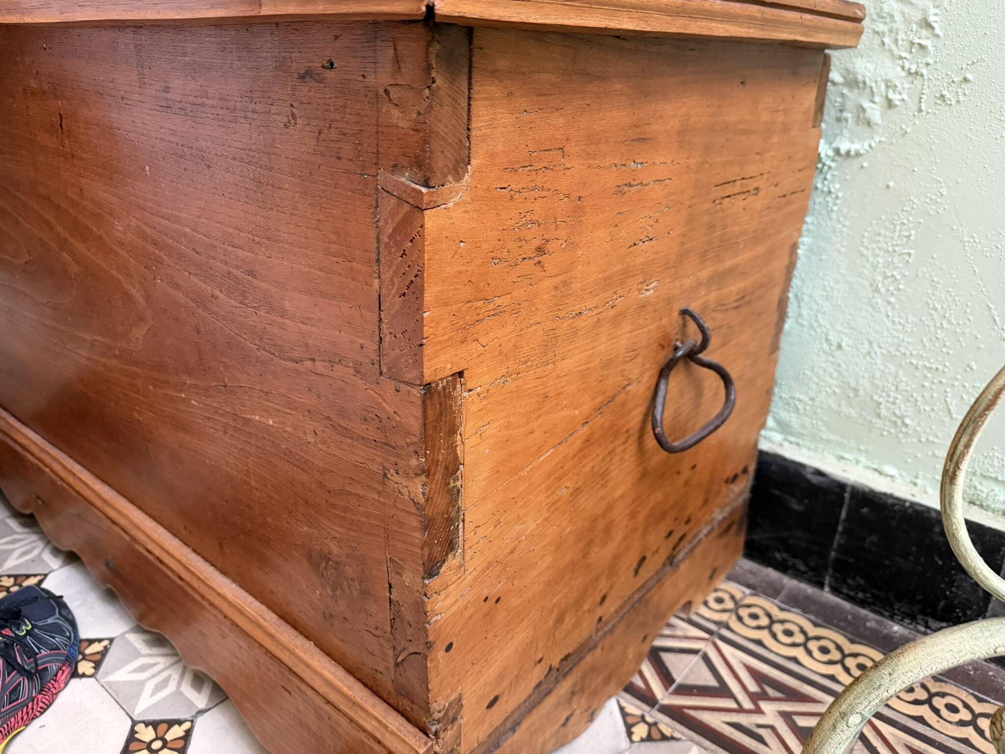 Rustic carved wooden chest trunk