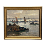 Huile sur carton par Paul Morchain scene de port en Bretagne XXe