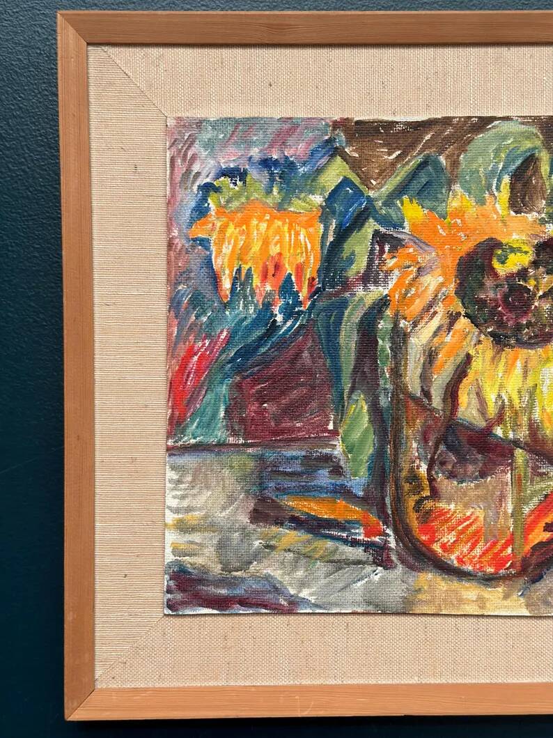 Original Swedish Oil on Panel – “Sunflowers” – Monogram Signed – Vintage & Framed