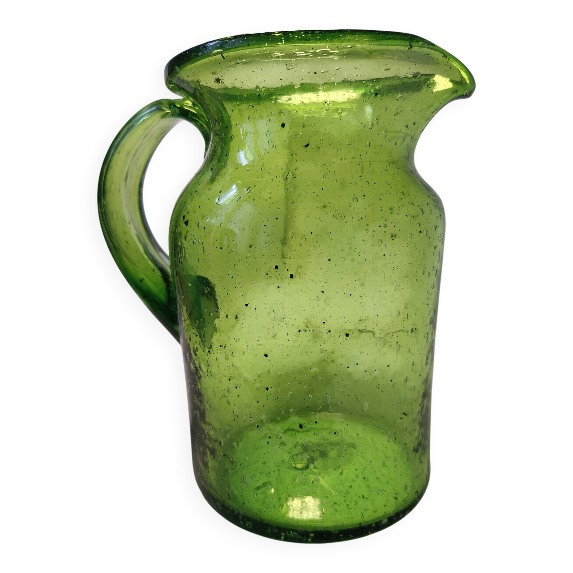 Bubble glass pitcher in the style of Biot or Empoli.