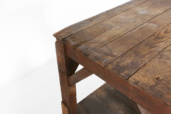 Table console industrielle française en bois massif, années 1920