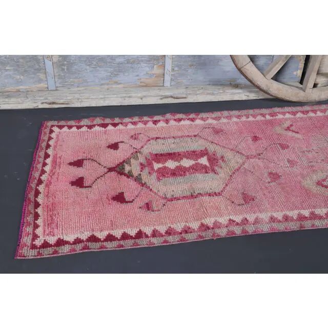 Vintage Turkish Oushak Handmade Wool Cotton Pink Runner Rug 90x312
