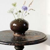 Brown and green glazed stoneware flower holder, vintage craftsmanship from the 1970s-1980s.