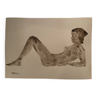 Signed painting monochrome watercolor sepia portrait of a reclining woman "curves"