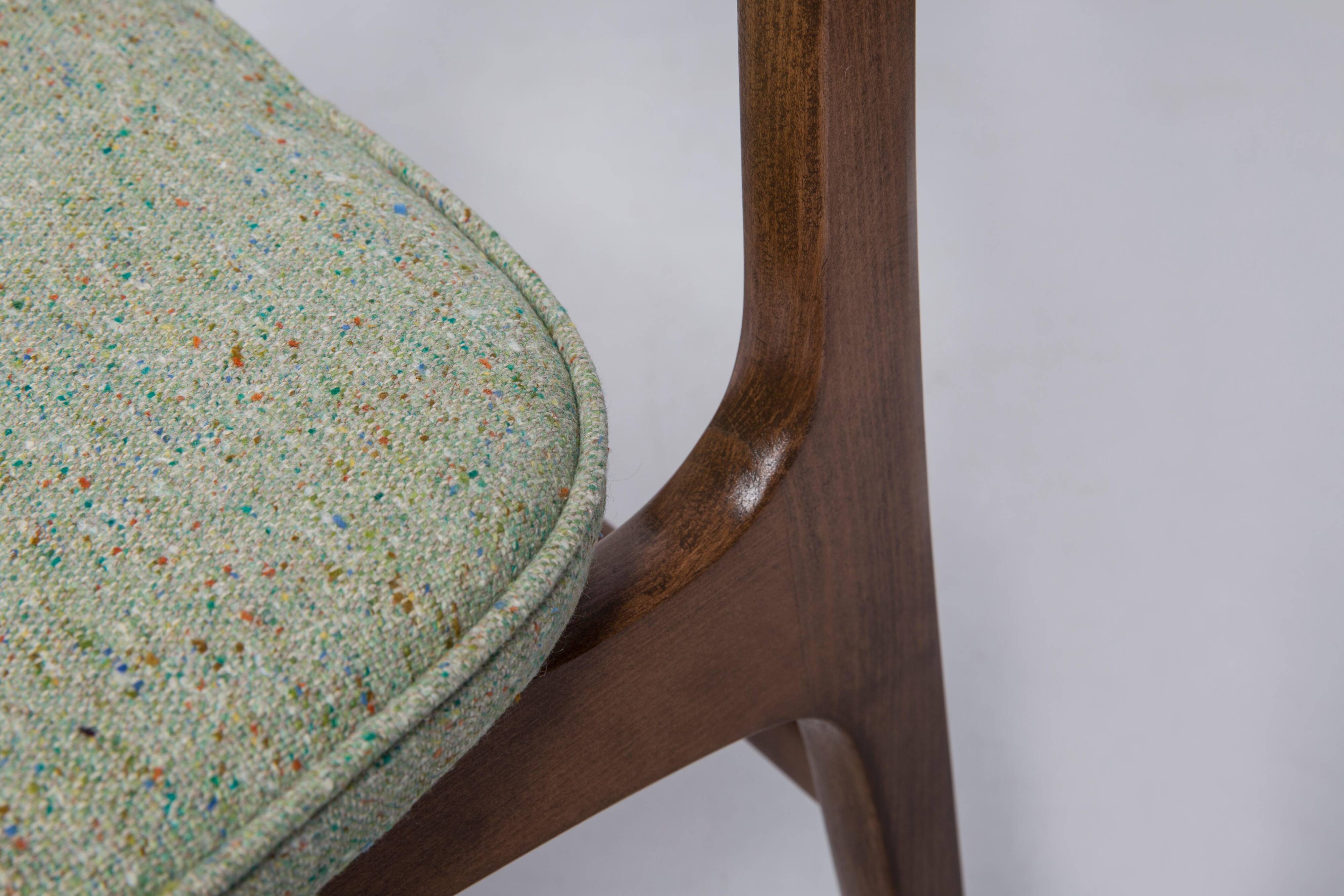 Mid-century apple green wool chair, beech wood, Rajmund Halas, Poland, 1960.