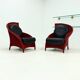 Set of 2 Sculptural Lounge Chairs in Red Lacquered Rattan 1970s