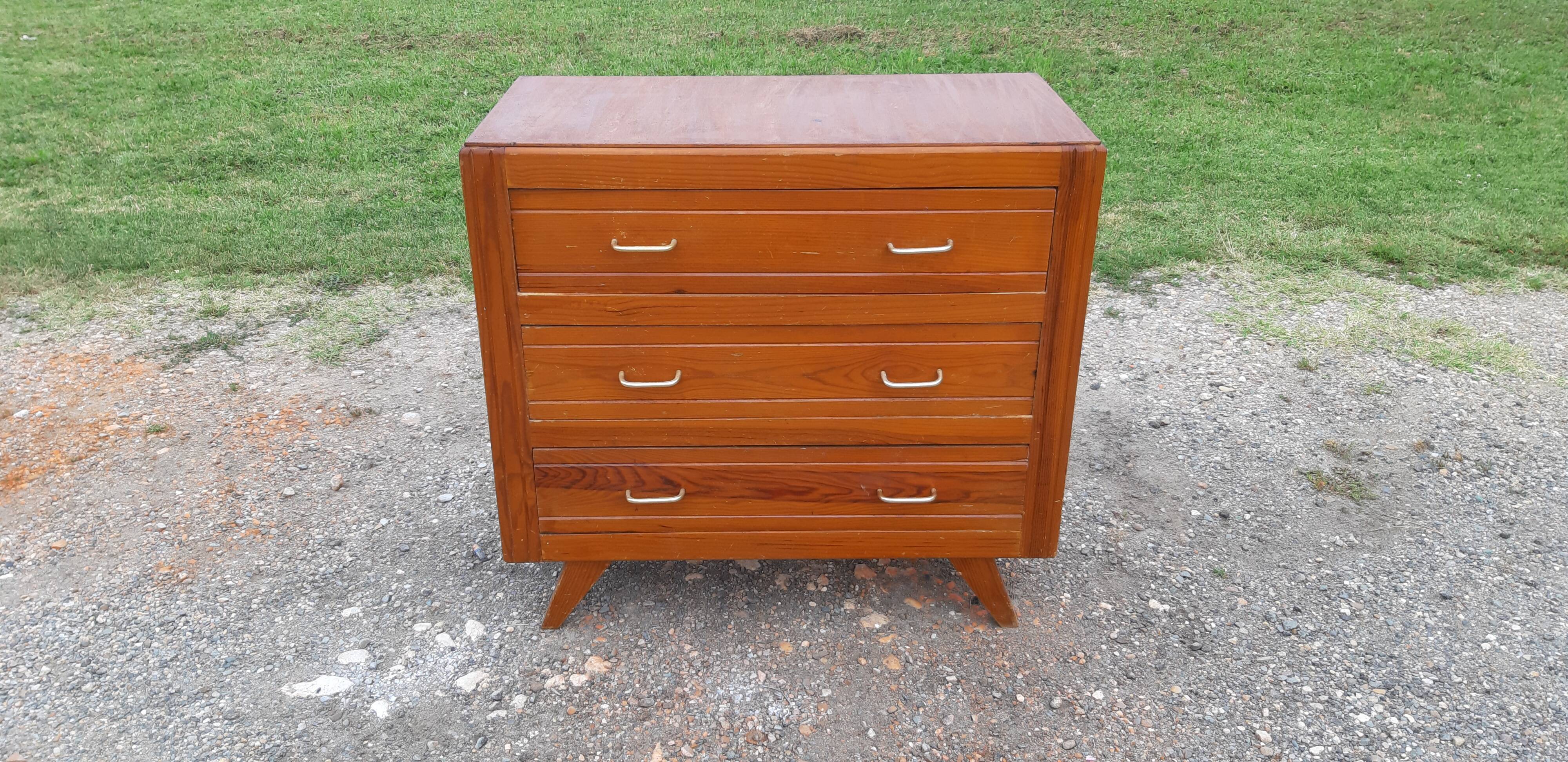 Commode vintage des années 50 en pin, pieds compas, 3 tiroirs