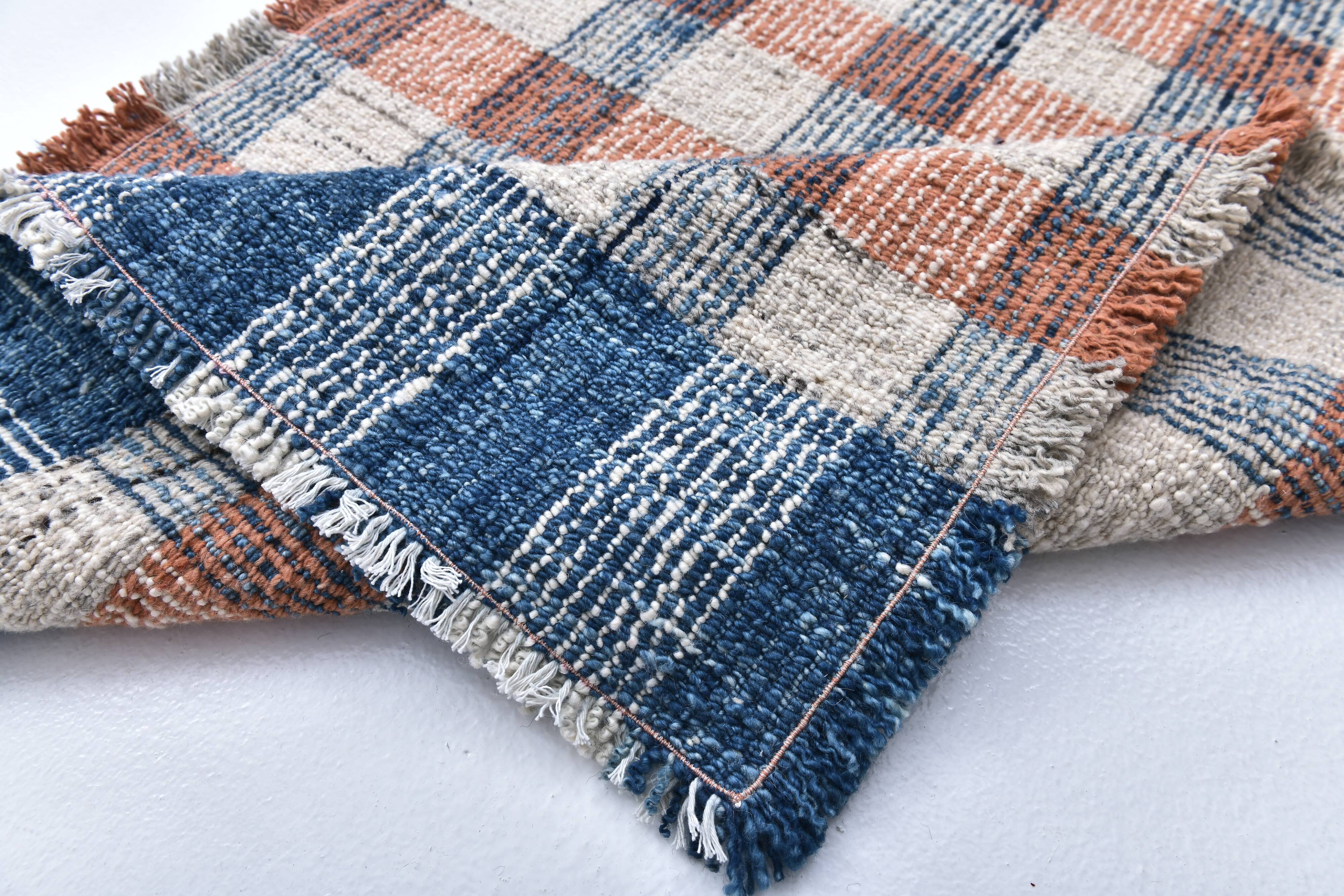 85x325 cm Runner Rug, Blue Terracota Hand made Rug, Made With Wool.