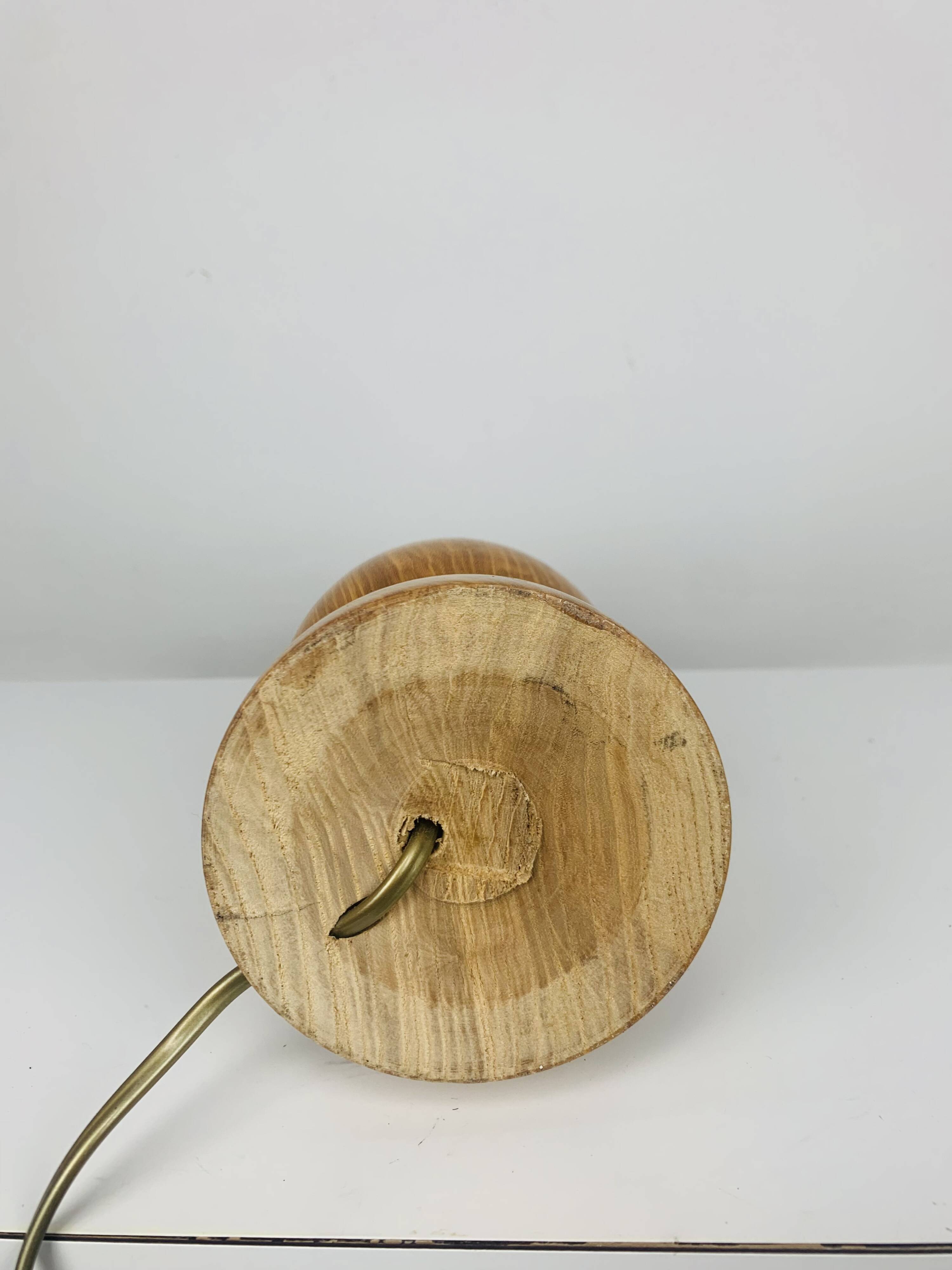 Turned wood lamp and vintage wool lampshade