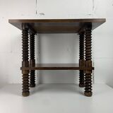 Brutalist wood turned wine press side table in the style of Charles Dudouyt
