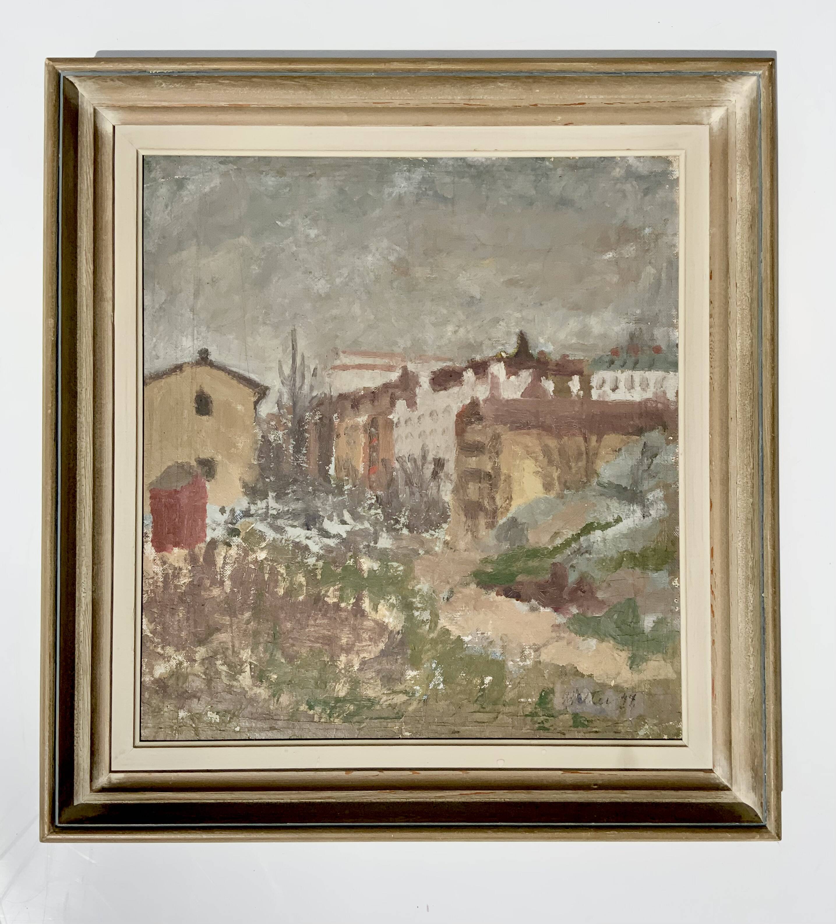 Vintage Impressionist Cityscape Scene Oil Painting Signed by Artist 1947