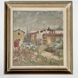 Peinture à l'huile vintage impressionniste représentant un paysage urbain signée par l'artiste 1947