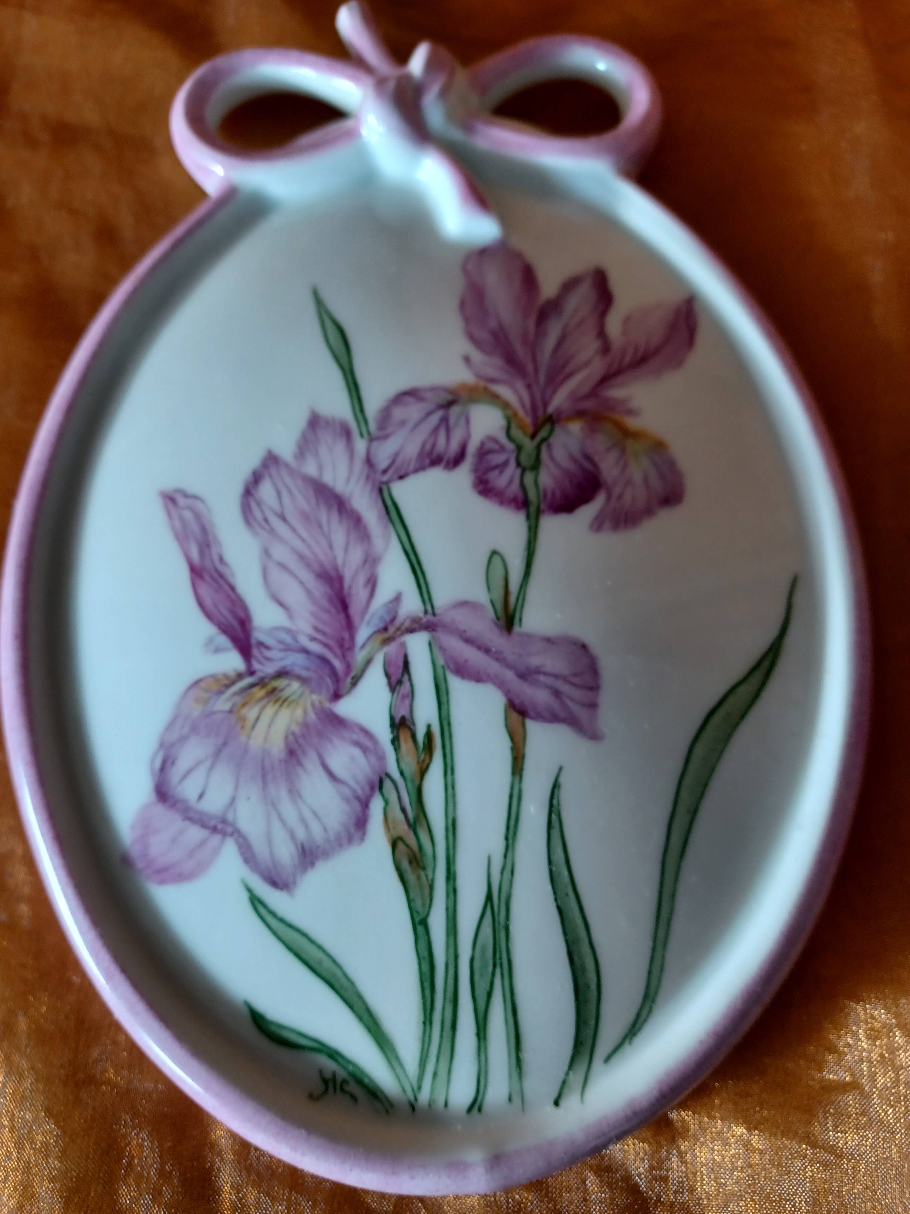 Hand Painted Porcelain Iris Flower Medallion.
