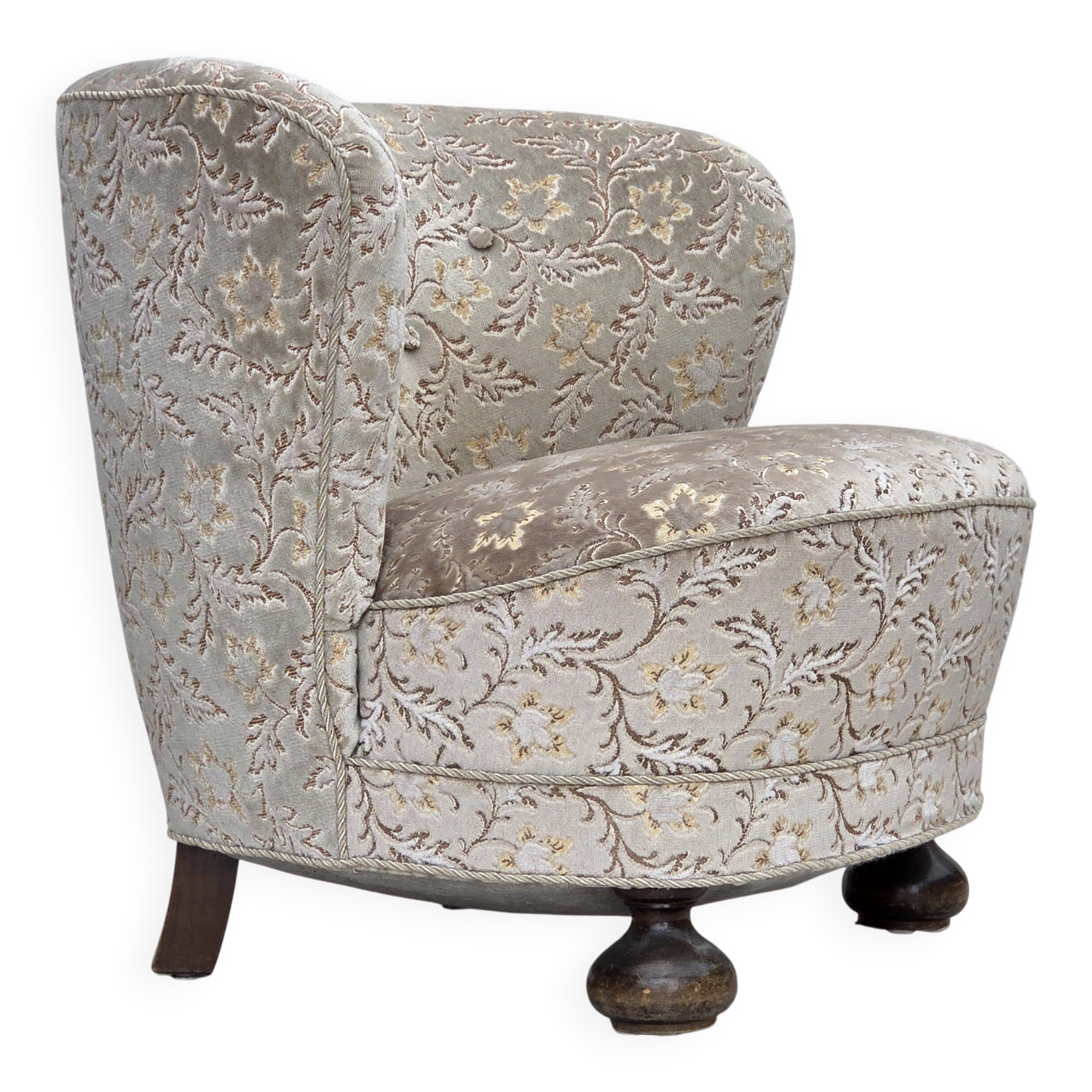 1970s, Danish curved armchair, original light green/gray furniture velour.