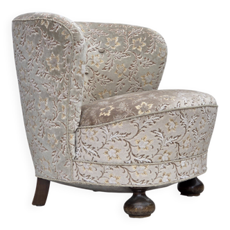 1970s, Danish curved armchair, original light green/gray furniture velour.