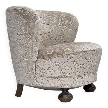 Fauteuil danois des années 1970, velours de mobilier d'origine vert clair/gris.