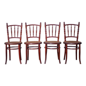 4 chaises Fischel, chaises bistrot en bois avec cannage ancienne, 20's