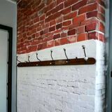 Vintage industrial wooden coat rack with porcelain hooks