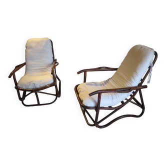 Rare-Vintage - Set of two rattan and bamboo armchairs - reclining armchairs - 80s