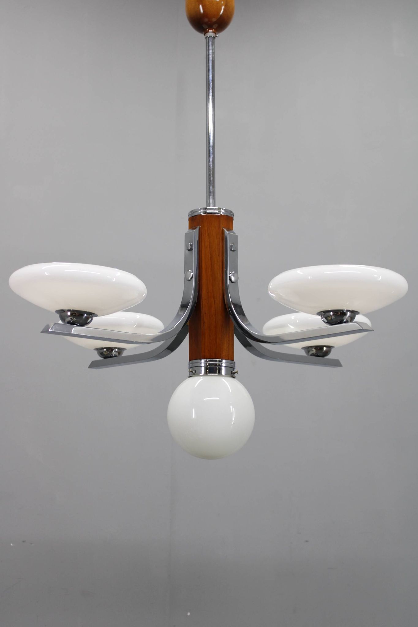 Art Deco chrome and walnut chandelier with milky glass shades, Czechoslovakia, 1