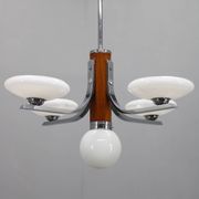 Art Deco chrome and walnut chandelier with milky glass shades, Czechoslovakia, 1