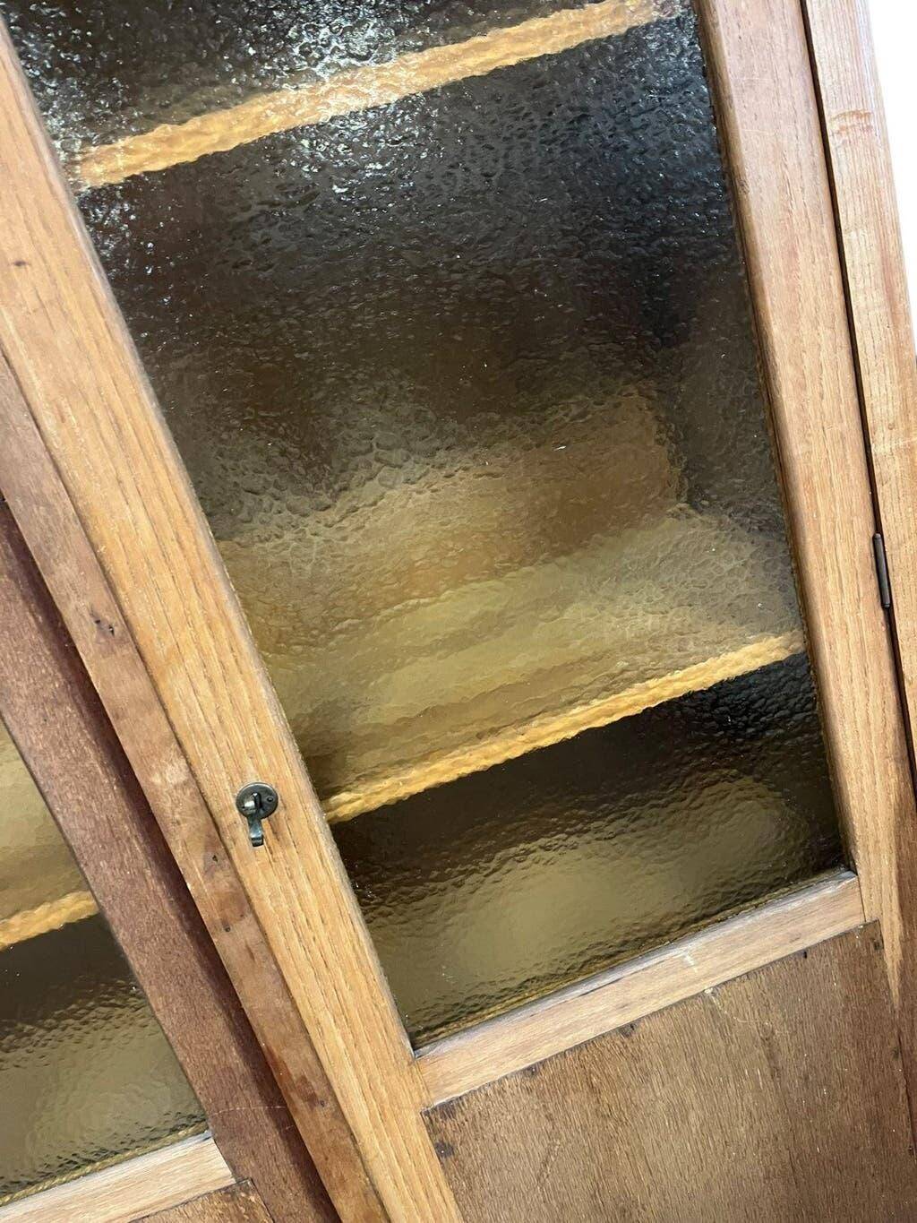 Vintage wooden display cabinet / wall cabinet with embossed yellow glass