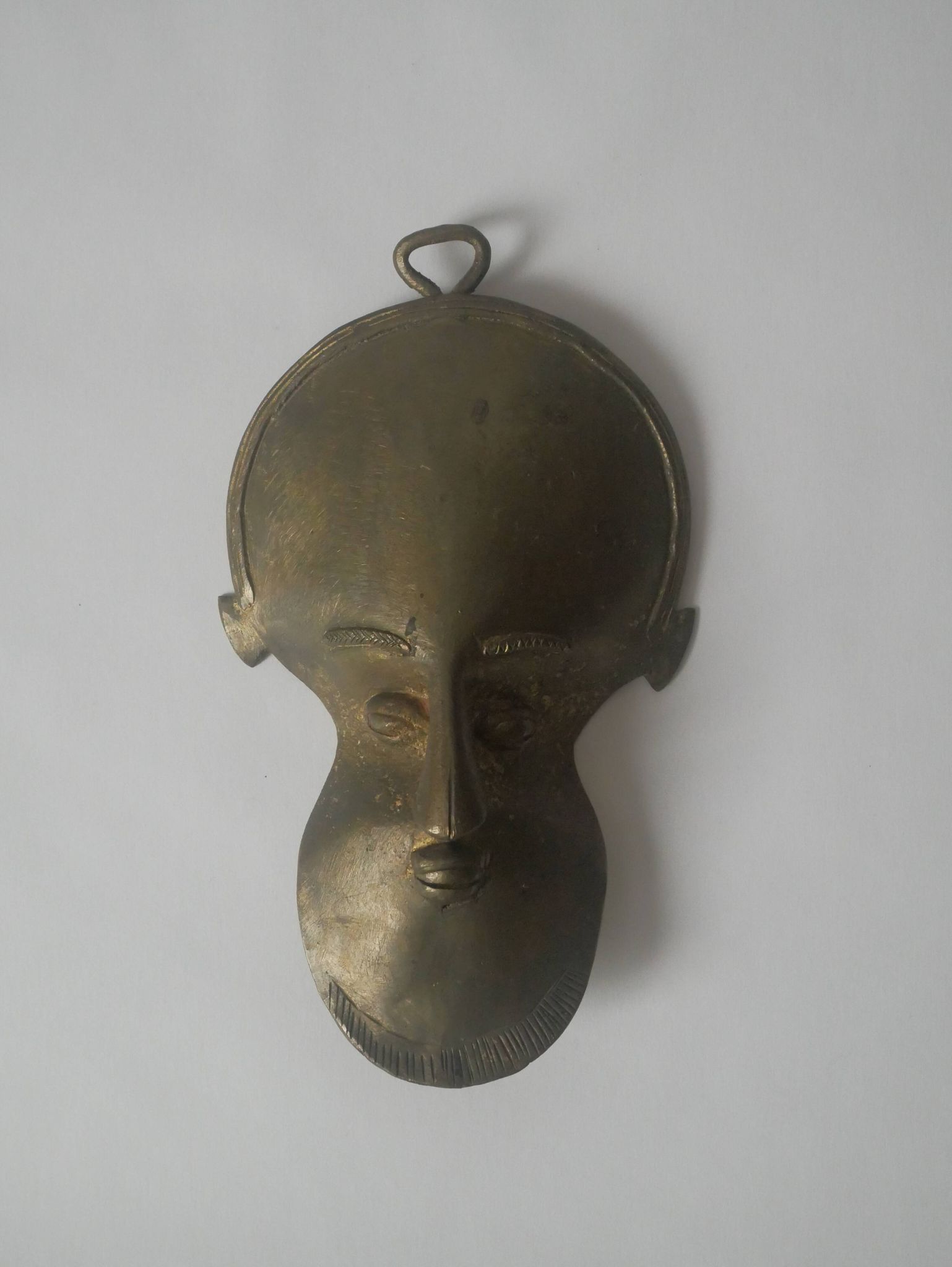 Brass mask wall sculpture tribal decorative object African art handmade vintage