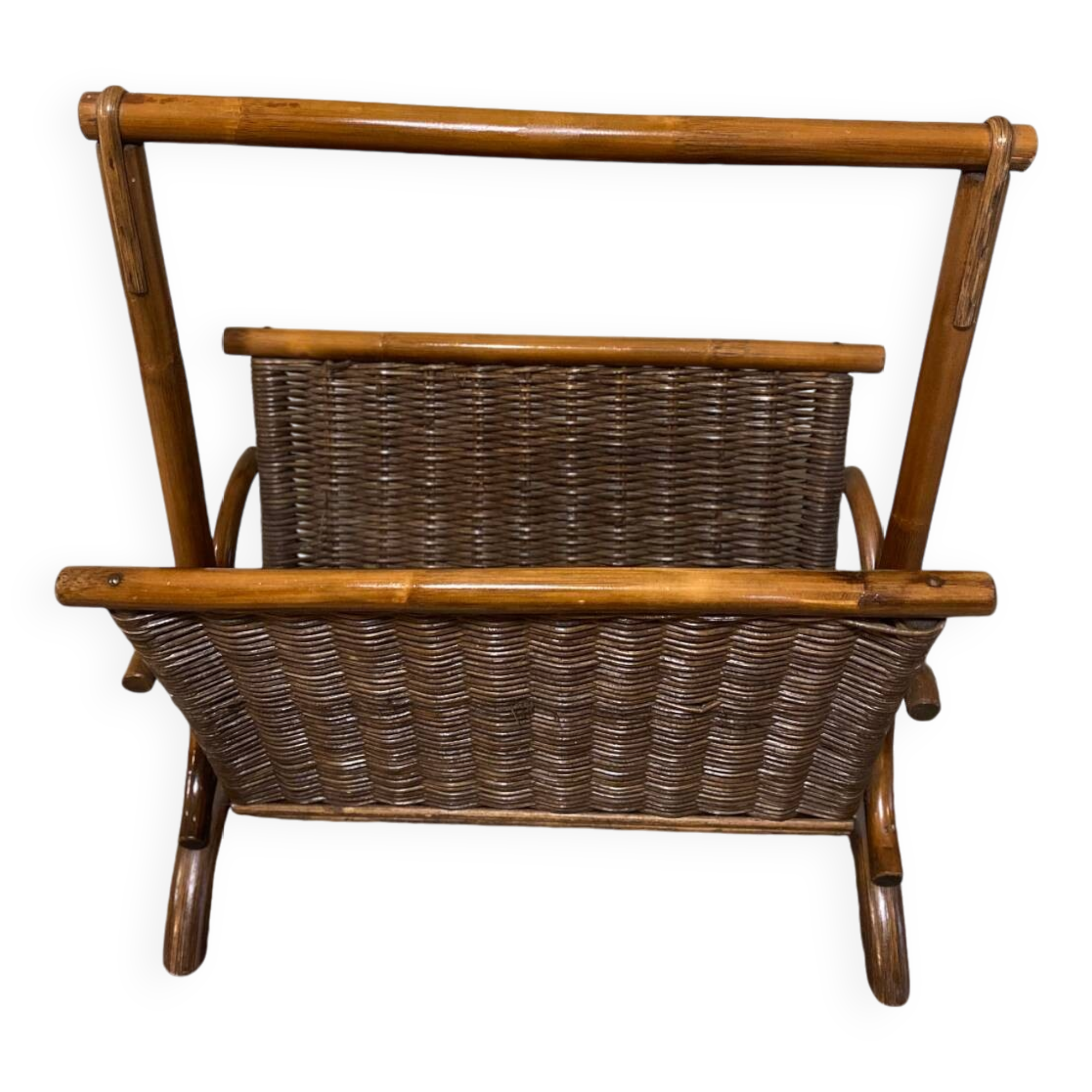 Wicker and brown wood magazine rack