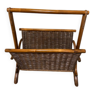 Wicker and brown wood magazine rack