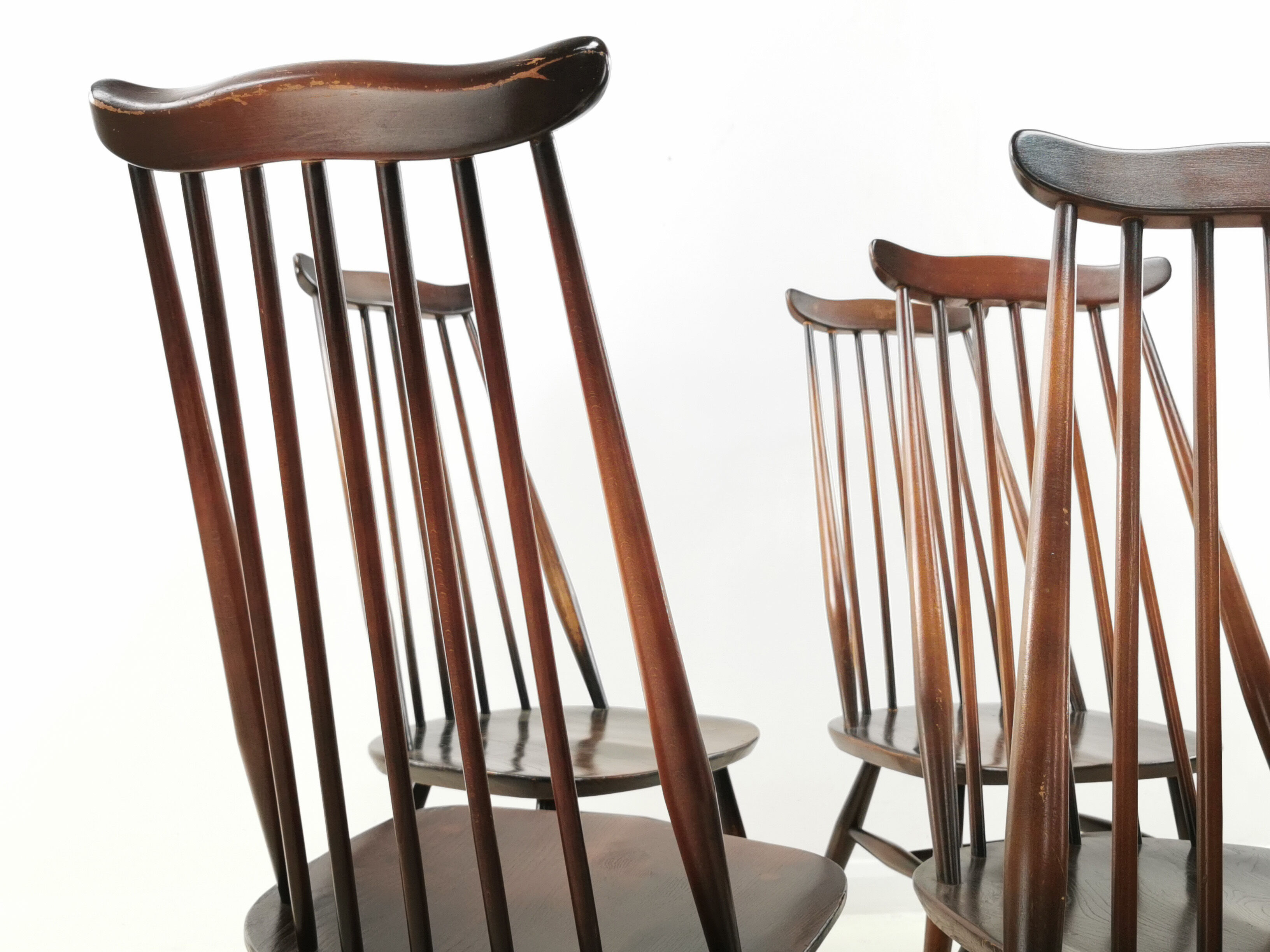 Set of eight vintage Ercol elm & beech Goldsmiths dining chairs mid century