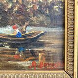 Tableau ancien - La jeune fille au bas de  la cascade - cadre doré