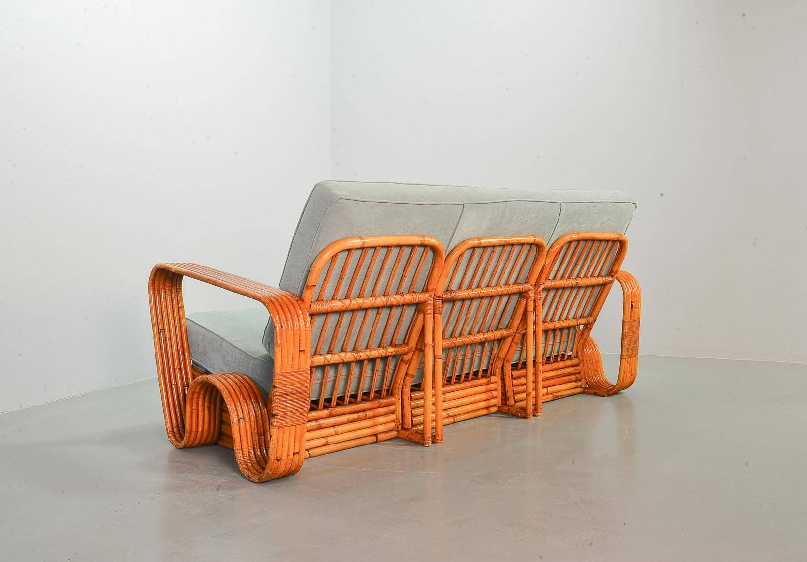 Exclusive Six Strand Rectangular Rattan 3-Seat Sofa after Paul Frankl, 50s