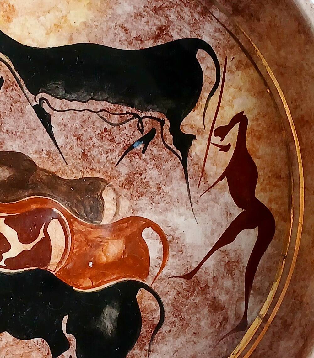 Ancient bowl inspired by parietal or rock art, hand-painted.