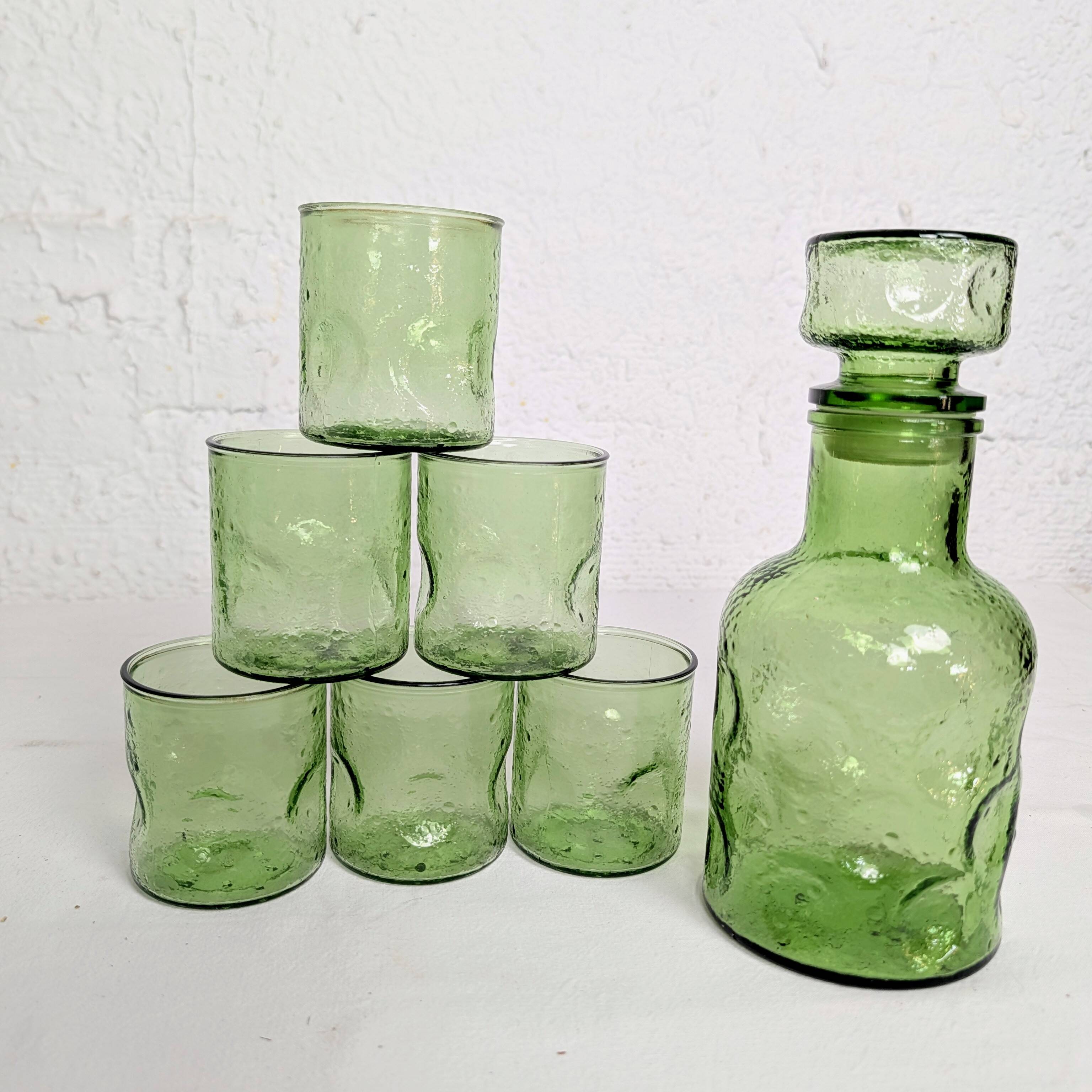 Service à orangeade en verre bullé vert — carafe et 6 verres