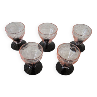 5 art deco digestive glasses black & pink