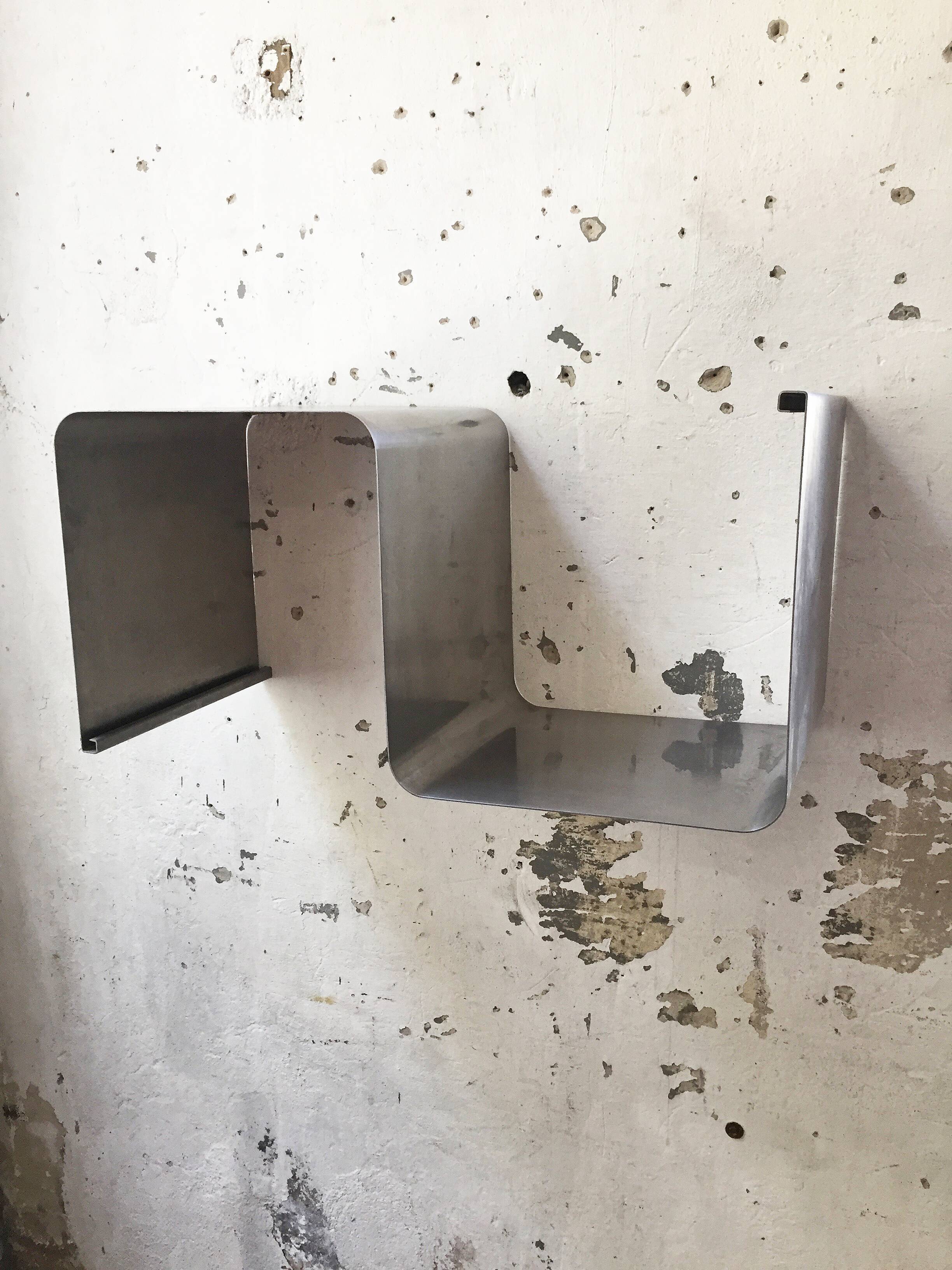 "Zig-zag" satin stainless steel shelf by Joelle Ferlande and François Monnet