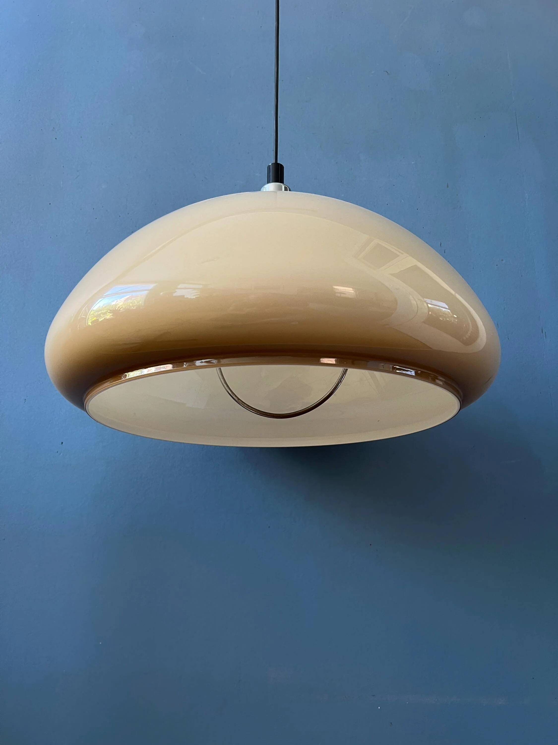 Beige acrylic glass mushroom pendant with a chrome top cap.