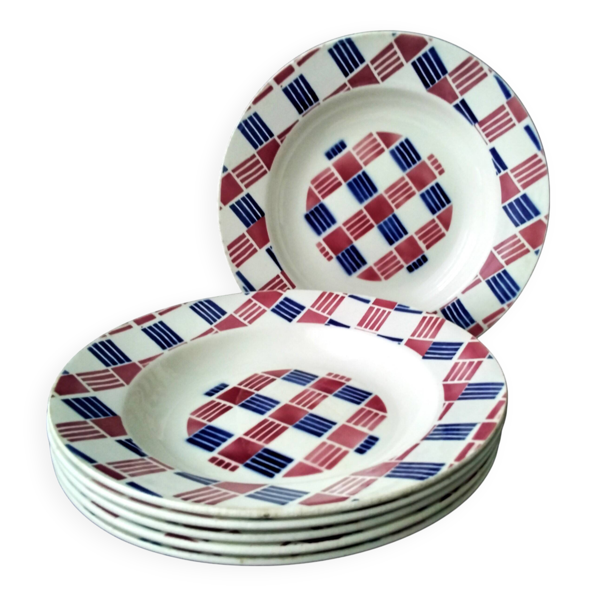 6 Saint Amand earthenware soup plates, Art Deco style