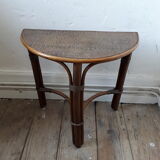 Gueridon en demi-lune vintage en rotin et cannage sur bois