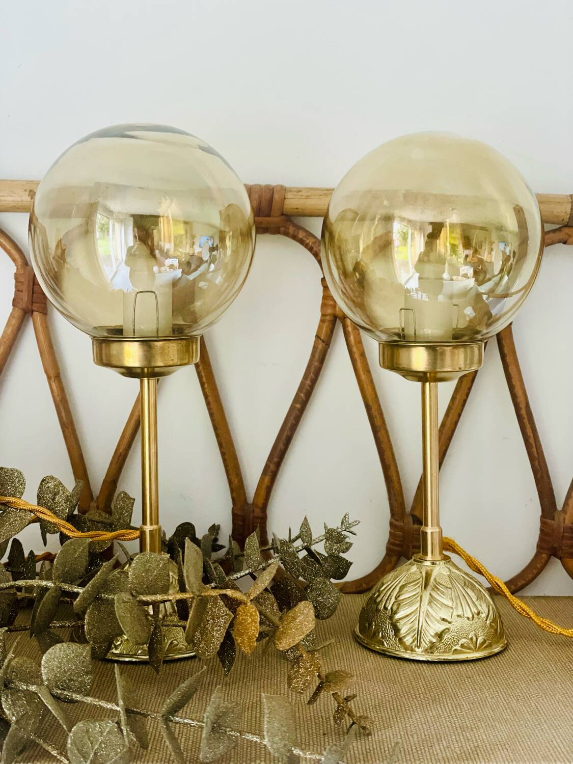 2 round globe amber glass bedside table lamps