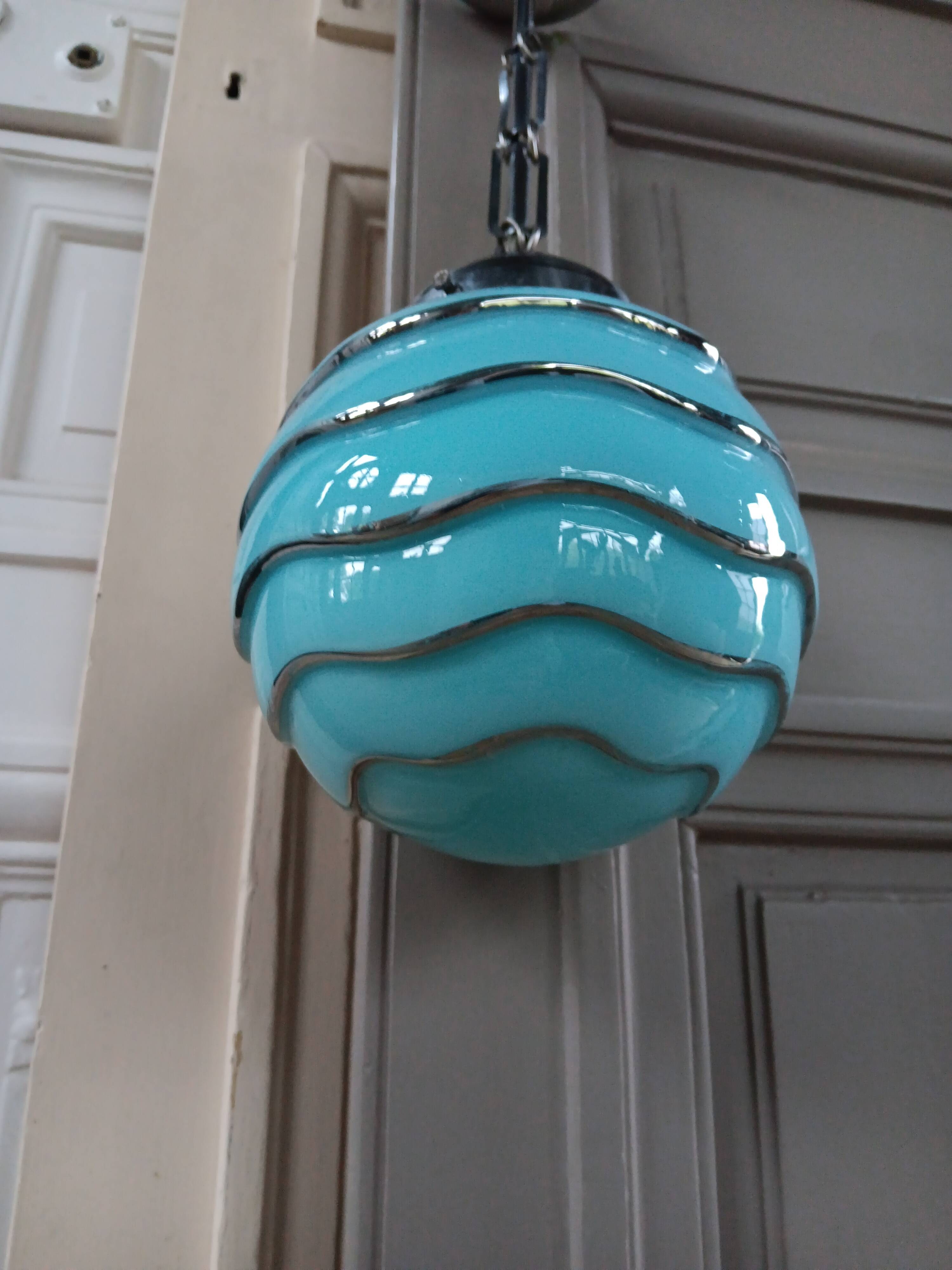 Bauhaus pendant light, blue and silver glass globe