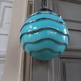 Bauhaus pendant light, blue and silver glass globe